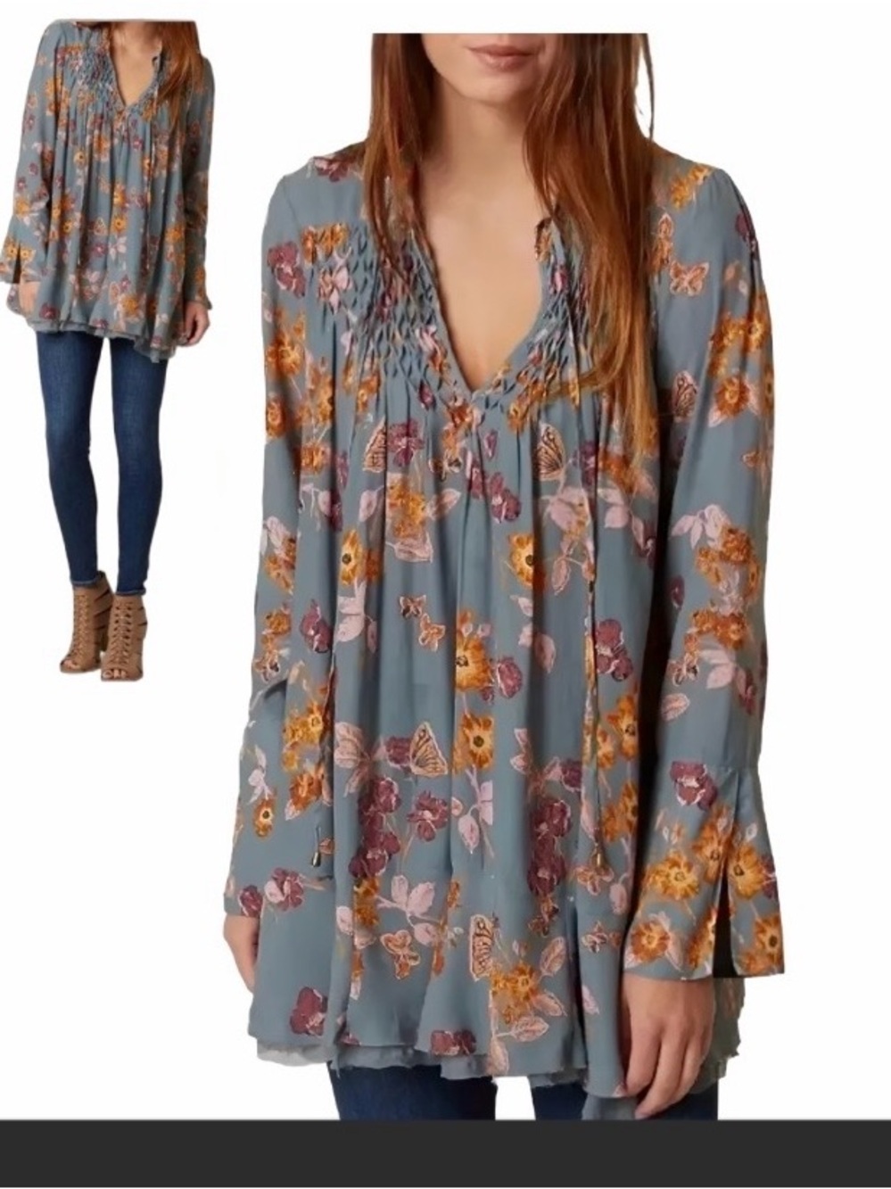 🌺Free People So Fine Pebble Crepe Smocked Floral Tunic Top🌸🌺